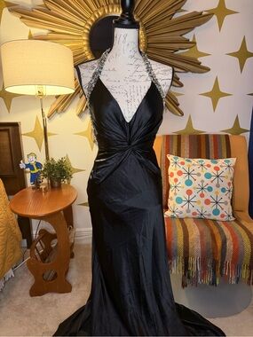 Elegant Formal Black Satin w/ Silver Beading Halter Evening Gown